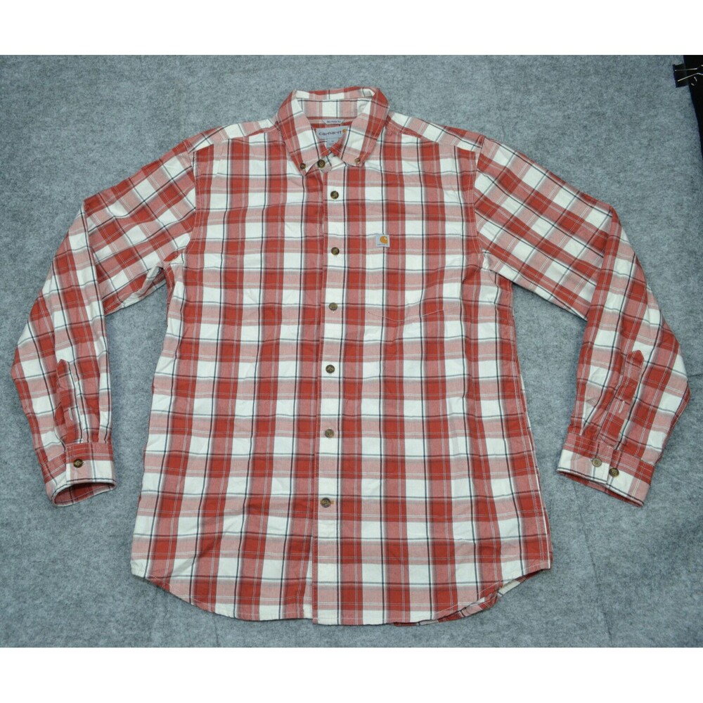 Carhartt Medium M Mens 100% Cotton‎ Work Shirt Relaxed Fit Red Plaid Long Sleeve